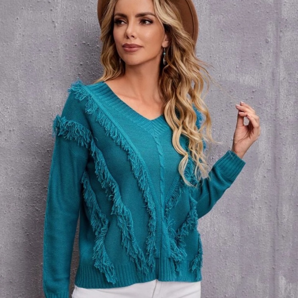 NEW INVENTORY 🌺Cable Knit Fringe Trim Drop Shoulder Sweater🌺